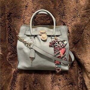 Elegant baby blue Michael Kors Hamilton Handbag with Scarf Accent